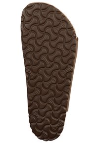 Pruun kummist kinga välistald, millel on laineline tekstuuritsetud muster ja "BIRK" reljeefne märk. Eespool kitsenev kuju, minimaalne detailsus.