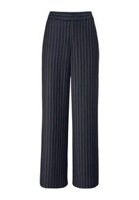 Pantaloni a righe navy a gamba larga con strisce gialle, caratterizzati da una vita piatta e un tessuto liscio e testurizzato.