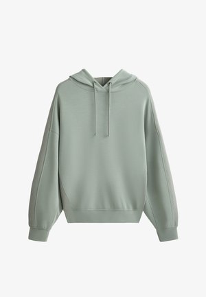 Lichtgroene hoodie van zachte stof met een ontspannen pasvorm, voorzien van een capuchon met koord, ribgebreide accenten op de mouwen en een eenvoudig ontwerp.