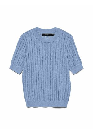 Suéter de punto azul claro de manga corta con patrones calados verticales y cuello, puños y dobladillo acanalados.