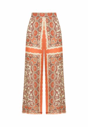 Pantaloni a gamba larga con vita alta in arancione e crema con intricati motivi floreali e paisley.