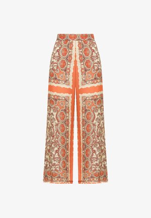 Pantaloni a gamba larga con vita alta in arancione e crema con intricati motivi floreali e paisley.