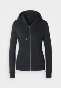 Sweat à capuche noir zippé avec poches avant, capuche à cordon et manches longues, présenté sur fond blanc.