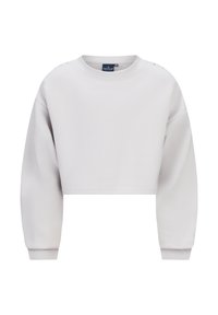 Felpa accorciata grigia chiara, realizzata in materiale morbido. Presenta un collo rotondo e decorazioni sulle spalle con bottoni.