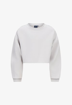 Felpa accorciata grigia chiara, realizzata in materiale morbido. Presenta un collo rotondo e decorazioni sulle spalle con bottoni.