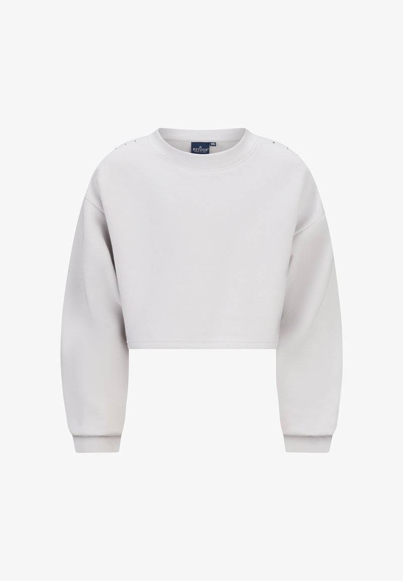 Felpa accorciata grigia chiara, realizzata in materiale morbido. Presenta un collo rotondo e decorazioni sulle spalle con bottoni.