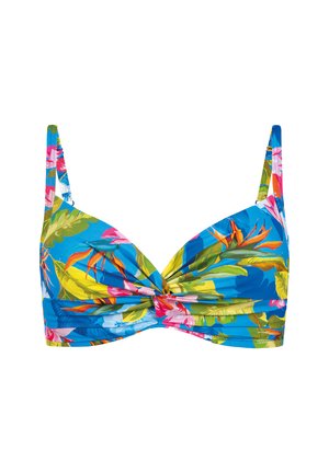 Niebieski top bikini z regulowanymi ramiączkami, ozdobiony kolorowym tropikalnym kwiatowym wzorem i skręconym węzłem na środku przodu.