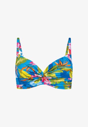 Niebieski top bikini z regulowanymi ramiączkami, ozdobiony kolorowym tropikalnym kwiatowym wzorem i skręconym węzłem na środku przodu.