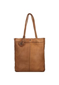 Bruine leren tote bag met twee lange handvatten, minimalistisch ontwerp, gladde textuur en een cirkelaccent met een ankerembleem.