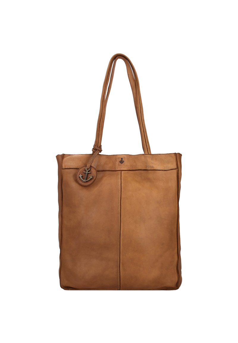 Bruine leren tote bag met twee lange handvatten, minimalistisch ontwerp, gladde textuur en een cirkelaccent met een ankerembleem.