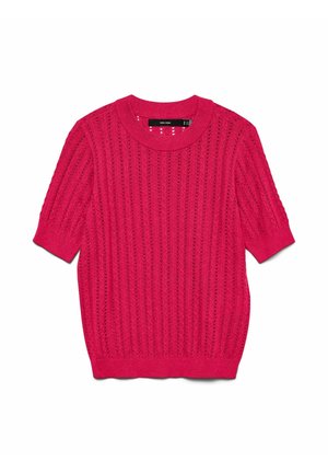 Pull tricoté rose vif à manches courtes avec un motif ajouré vertical et un col, des poignets et un ourlet côtelés.