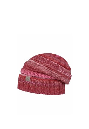 Red and pink knit beanie with ribbed cuff and small beige tag on cuff, isolated on white background.
