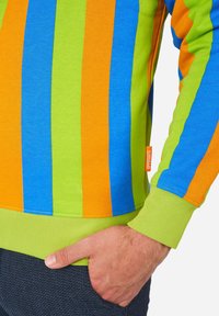 Bunt gestreifter Sweatshirt mit vertikalen Streifen in Blau, Grün, Orange und Gelb. Gerippte Bündchen und Saum, Etikett an der Seite sichtbar.