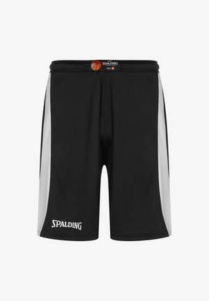 Schwarze Basketball-Shorts mit grauen Seitenpanelen, aus leichtem Material. Mit elastischem Bund und einem „Spalding“-Logo am Saum.
