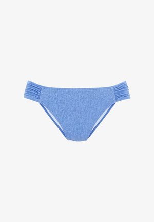 Lichtblauwe bikinibroek met textuurpatroon, zijruchels en gemiddelde bedekking. Gemaakt van rekbare stof voor comfort.