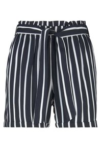 Marineblauwe en witte gestreepte shorts met een geplooide tailleband en een verwijderbare strikceintuur. De stof is glad met een lichte, ademende textuur.