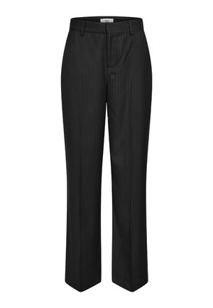 Black pinstripe trousers with a straight fit, featuring a flat front, belt loops, and a smooth fabric texture. No visible pockets.