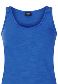 Blaues ärmelloses Tanktop aus glattem Stoff, mit aufwendigen Spitzenverzierungen an den Schulternähten und einem klassischen runden Ausschnitt.