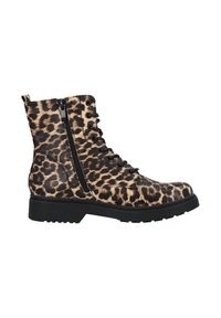 Stivali alla caviglia con stampa leopardata in materiale sintetico, caratterizzati da una chiusura con lacci frontale, una cerniera laterale e una suola in gomma nera con tacchetti.
