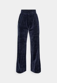 Navyblaue Velourhosen mit hoher Taille, weitem Bein und subtiler Glanz. Glatte Textur, keine sichtbaren Muster oder Beschläge.