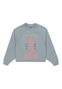 Světle šedá mikina s cropped designem, která má růžovou grafiku ruky a květinové prvky, spolu s textem "POKRAČUJ V RŮSTU."