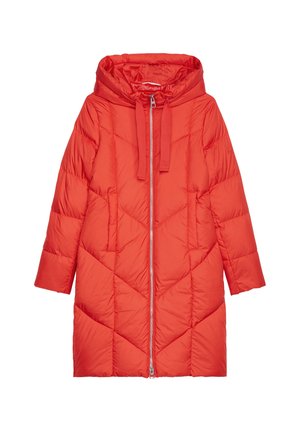 Červená nafouknutá bunda s kapucí, zipovým zapínáním a vzorem v podobě diamantového prošívání. Krátké rukávy a boční kapsy zvyšují funkčnost.