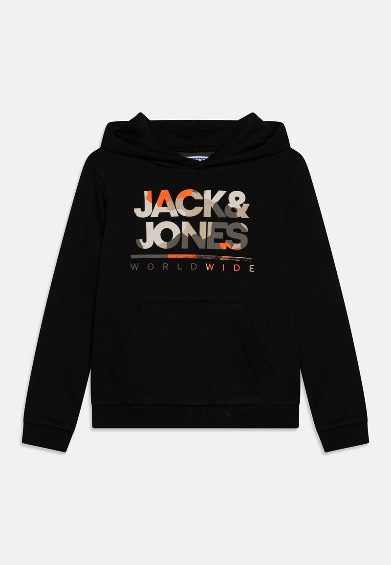 Haut à capuche noir avec une poche kangourou à l'avant. Présente un graphique multicolore "JACK & JONES WORLDWIDE" sur la poitrine. Matériau en coton, texture douce.