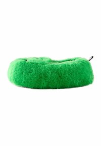 Lit pour animaux en peluche vert, de forme ronde, avec une texture douce et un tissu en fausse fourrure à poils longs, doté d'une petite boucle noire pour une prise en main facile.