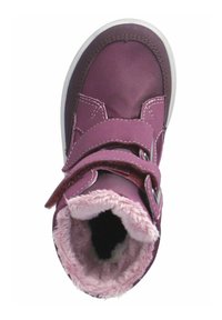 Bota impermeable morada con parte superior de material sintético, forro de pelaje sintético, correa de velcro y suela de goma blanca. Presenta detalles de costura en contraste.