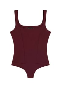 Maillot de bain une pièce bourgogne à encolure carrée, avec des bretelles larges et un corsage ajusté. Fabriqué dans un matériau lisse avec des coutures verticales.