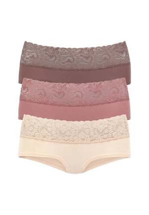 Četiri para donjeg rublja sa čipkastim ušivkom u tamno smeđoj, mauve, roza i bež boji, sa cvjetnim čipkastim detaljima i mekanom teksturom.