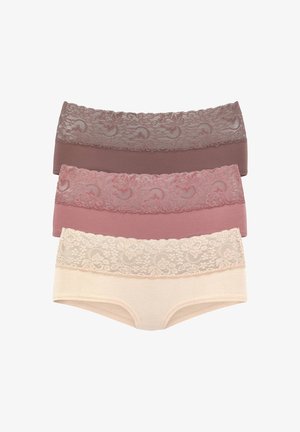 Quatre paires de sous-vêtements en dentelle dans des teintes marron foncé, mauve, rose et beige, avec des accents en dentelle florale et une texture de tissu douce.