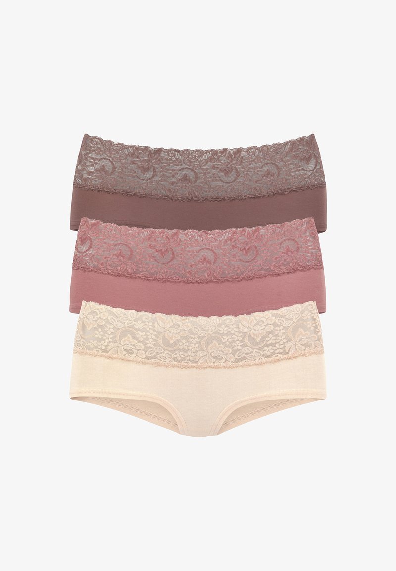 Štiri para spodnjega perila z čipkastim robom v temno rjavi, mauve, roza in bež barvi, ki imajo cvetlične čipkaste detajle in mehak material.