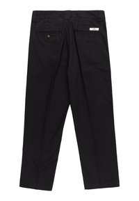 Black cotton trousers featuring a straight-leg design, two back pockets with buttons, and a label on the right pocket.