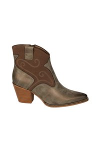 Bottines marron avec un bout pointu, un design en relief en spirale et un panneau en tissu marron contrastant. Présente un talon empilé et une fermeture éclair latérale.