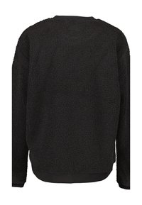 Giacca in fleece nera a maniche lunghe con tessuto testurizzato, polsini e bordo a costine, vista da dietro su uno sfondo bianco.