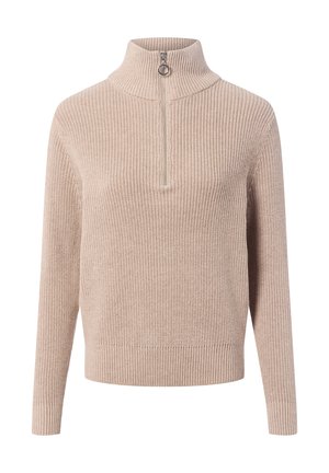 Pull en tricot beige avec un col montant et une fermeture à demi-zip. Présente un motif texturé à côtes et des manches longues. Coupe classique.