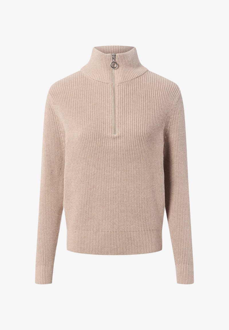 Beżowy sweter dziany z wysokim kołnierzem i zamkiem błyskawicznym do połowy. Oferuje teksturowany wzór prążkowany oraz długie rękawy. Klasyczny krój.