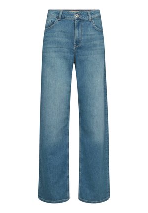 Blaue Denim-Jeans mit geradem Bein, vorne mit Knopf- und Reißverschluss, Vorderseiten-Taschen und Gürtelschlaufen, dargestellt auf weißem Hintergrund.