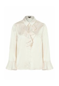 Cream satin blouse with ruffled front detail, button closure, and flared cuffs. Features a classic collar and smooth texture.