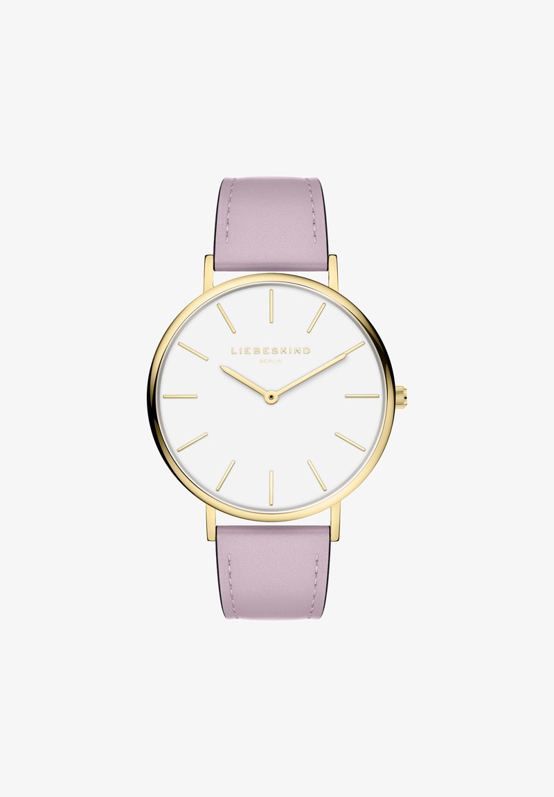 Goldfarbene Uhr mit Zifferblatt in Weiß, schlanken Markierungen und einem lavendelfarbenen Lederarmband. Rundes Gehäusedesign mit minimalistischem Detail.