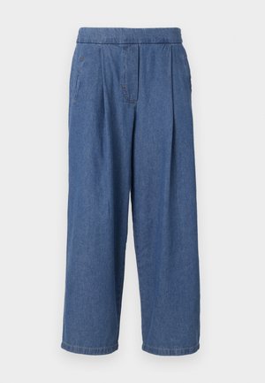 Blauwe denim wijde broek met een ontspannen pasvorm, voorzien van een knopenloze tailleband, voorplooien en twee zijzakken.