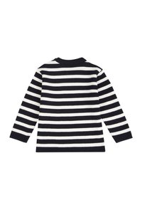 Maglione a maniche lunghe a righe blu navy e bianche, con scollo rotondo e una superficie in maglia morbida. Vista posteriore che mostra righe orizzontali uniformemente distanziate.