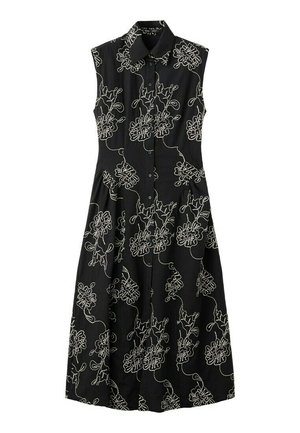 Czarna sukienka midi bez rękawów z zaostrzonym kołnierzykiem, z przodu zapinana na guziki, z białym wzorem konturu kwiatowego na całej powierzchni.