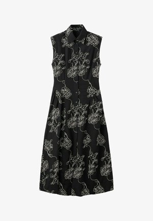 Vestido midi negro sin mangas con cuello puntiagudo, abertura frontal con botones y estampado de contorno floral blanco por todo el vestido.