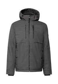 Grå isolerad jacka med huva, två framfickor och dragkedjor. Slät textur med ett subtilt mönster och ribbade ärmslut.