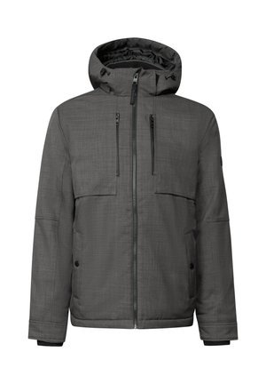 Harmaa eristeellinen takki, jossa on huppu, kaksi etutaskua ja vetoketjukiinnitys. Sujuva tekstuuri, jossa on hienovarainen kuvio ja ribattuja hihansuita.