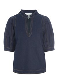 Denim-Oberteil mit Stehkragen, kurzen Puffärmeln und Knopfleiste. Dunkelblauter Stoff mit kontrastierenden gelben Nähdetails.