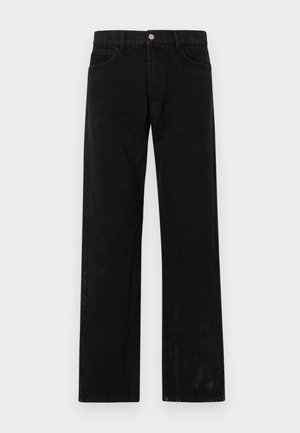 Jeans negre cu croi dreaptă din denim, având cinci buzunare, sistem de închidere cu buton metalic și o textură ușor spălată.