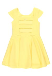 Żółta sukienka z krótkimi rękawami w kształcie kaptura, teksturowana tkanina, dopasowany gorset i rozkloszowana spódnica. Posiada poziome paski na przodzie.